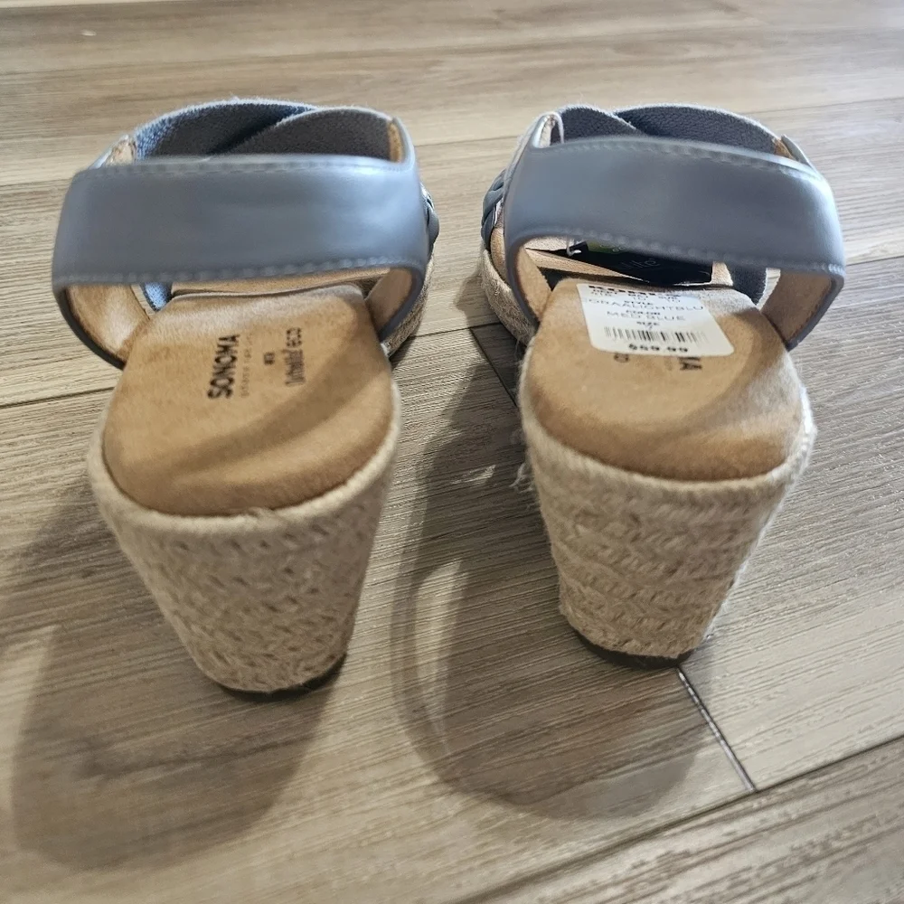 NEW Espadrille Women's Espadrille Wedge Sandals Blue Braided Elastic Slingback - Picture 2 of 13
